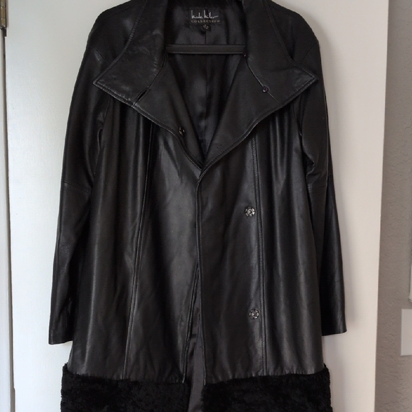 Nicole Miller Black Lambskin Leather Coat with Persian Lamb Fur Trim Size S - Picture 6 of 6
